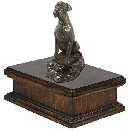 Art-Dog Custom Dog Mama Sitzende Statue Gedenkurne - Handgefertigte kaltgegossene Bronze auf Birkensockel - Urne für die Asche von Hunden - 24,5x29x21cm - 5l - Boxer III