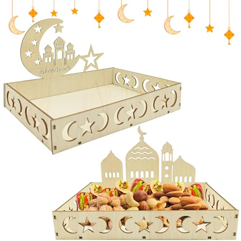 Atuoxing 2STK Ramadan Deko Tablett, Eid Mubarak Holz Teller mit Mond Stern Ramadan Tischdeko, Serviertablett für Ramadan Kareem Dekoration