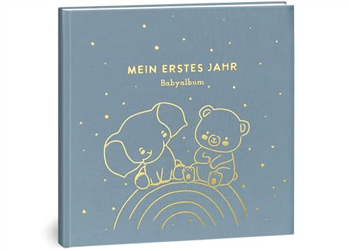 Mein erstes Jahr Babyalbum - Hochwertiges Leinenbuch mit Goldprägung für die schönsten Erinnerungen - Babybuch zum Eintragen für das erste Lebensjahr - Baby Geschenk zur Geburt (Regenbogen Blau)