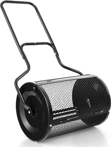 COSTWAY Spandiconcime a Rullo, Rullo da Giardino con Impugnatura Pratica Chiusure Laterali e Rete in Metallo per Concimazione e Semina, Spandiconcime per Prato e Giardino (41 x 60 cm Nero)