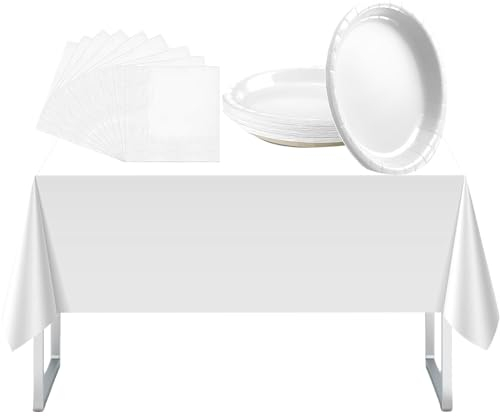 37Pcs White Tableware Set with Plastic Table Cloth, Paper Plates and Napkins for Party, Picnic, Halloween, Christmas, Kids Adult Birthday Party