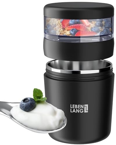 LEBENLANG Porta yogurt con cucchiaio - Parete interna in acciaio inox isolante & 650ml I Porta yogurt termico I Contenitore yogurt e cereali Cereal cup bambini da asporto Tazza per muesli refrigerato