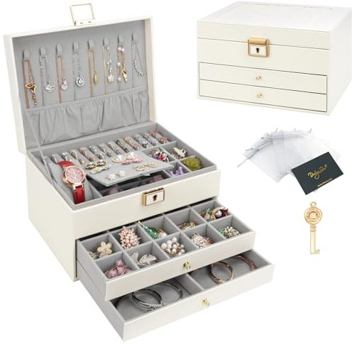 DesignSter Schmuckkasten, Schmuckkästchen mit 3 Ebenen mit Schubladen, PU-Leder Schmuckbox Schmuckschatulle Groß Schmuck Organizer für Ringe Ohrringe Armbänder Halsketten, Beige