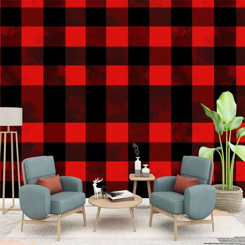 Art Photo Wallpaper Red and Black Plaid Christmas Theme Non-Woven Living Room Bedroom Wall Decoration - Photo Mural- Gaming Room Office TV Background Wall Decor 400 x 280 cm