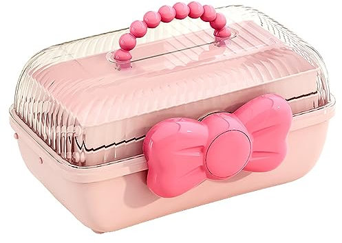 Qianderer Hair Accessories Organizer Box, Hair Bow Storage Box Craft Storage Boxes With Compartments 3 Layer Multipurpose Storage Box With Handle (Pink, 24.5cm*15.5cm*15cm)