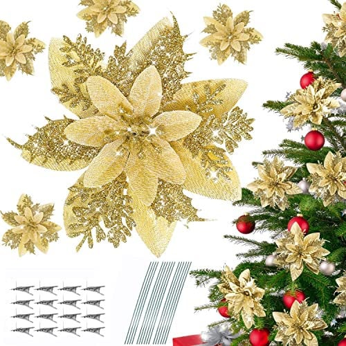 20 Pezzi Fiori per Albero di Natale con Clip, Artificiali Natale Addobbi per Albero di Natale Ornamenti, Fiori Artificiali Natalizi, Fiori Finti per Decorazioni Ghirlanda Tenda