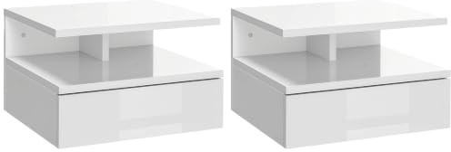 HOMCOM Floating Bedside Table Set of 2 Wall Mount Bedroom High Gloss White | Nightstands, Storage Drawer, Open Shelf