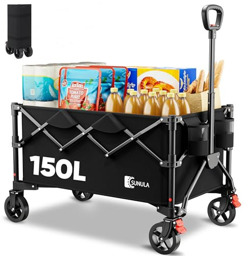 SUNULA Carro Plegable 120kg 4 Lados Transporte, asa un Clic & Ruedas Todo Terreno Frenos 150L, Negro