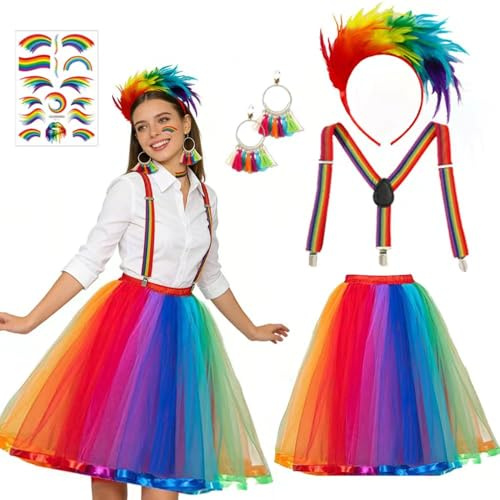 PASLFC Regenbogen Kostüm,Regenbogen Rock Damen Tüll,regenbogen tüllrock damen,mit feder haarreif bunt,Regenbogens Tattoos,Tütü mit Hosenträger für Karneval,Halloween,Fasching,Mottoparty
