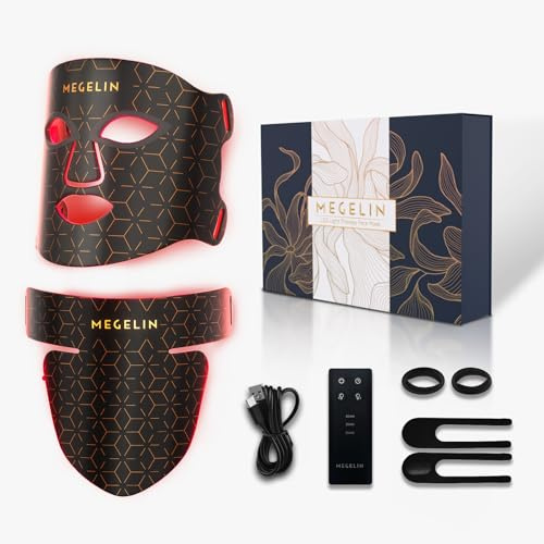 MEGELIN LED Red Light Therapy Face & Neck Mask, 7-Color LED Light Therapy Facial Mask, Infrared Red Light Therapy Mask, Black, gifts for women