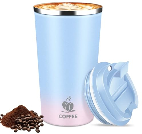 Hwawhin Insulated Coffee Mug with Ceramic Coating, 17oz Iced Coffee Tumbler Cup with Flip Lid and Handle-Blue Pink