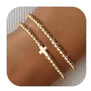 Dochais Armband Damen Gold, Edelstahl Goldene Perlen Armbänder mit Kreuz Herz Charm Armbänder Gold Schmuck Freundschaftsarmbänder Geschenk für Frauen Mädchen