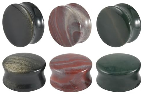 LGXLGX 2 Stück Ohr Tunnel & Plugs aus Naturstein - Obsidian, Jade & Gemusterte Steine, Doppelt Geschwungene Trommelform 6-25mm, Vertikale Piercing Schmuck für Damen Herren (Täglicher)