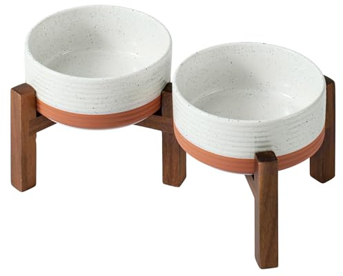 Havniva erhöhte Keramik-Hundenäpfe, erhöhter Hundenapf mit Ständer | 15,5 cm erhöhte Hundenäpfe, Futter- und Wassernapf-Set, rutschfester Akazienholzständer, Napf für kleine Hunde, 800 ml