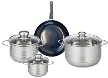 ELO 9711150 Batterie de cuisine 4 pièces, Ensemble de 1 Poêle de cuisson 20 cm et 3 faitouts 12, 16 et 20 cm Elo Prima Brillant, inox, induction