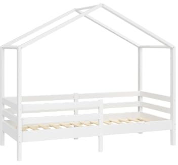 Bellabino Abia Kinderbett 90x200 cm – Hausbett mit Rausfallschutz & Lattenrost – Montessori Kinder Bett aus Massivholz Kiefer – Kinderhausbett für Jungen und Mädchen in Weiß