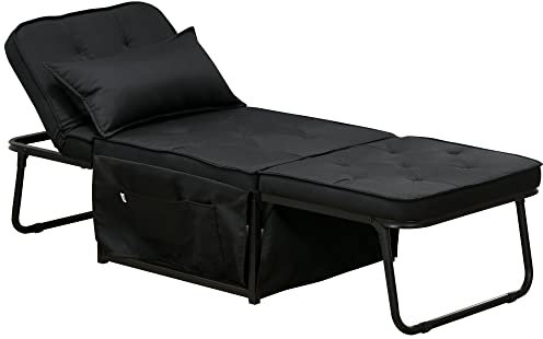 HOMCOM Fauteuil Convertible 1 Place Fauteuil lit chauffeuse Chaise Longue 4 en 1 avec Dossier inclinable 5 Niveaux, Repose-Pied Rabattable, Coussin Amovible et Pochettes, pour invités Salon Noir