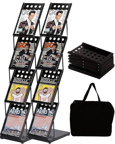 WERTIRUNG Wertiung Support de magazine de catalogue de littérature avec sac de transport pliable pour bureau, magasin de détail et exposition, 4 poches (noir) (2, Black)