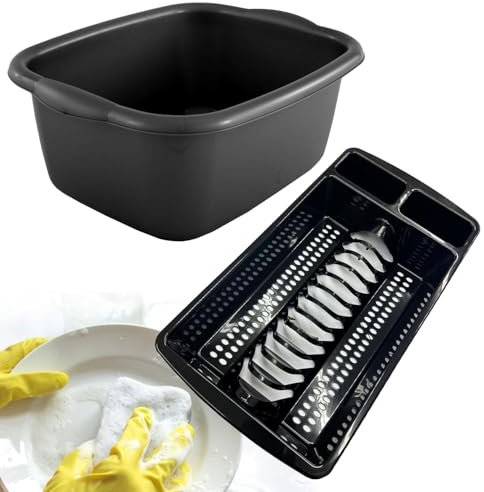STAR SUPPLIES Rectangular Washing Up Bowl & Dish Rack Sets Ideal For Kitchens & Sinks (Black Washing Up Bowl & Black Dish Drainer Rack)