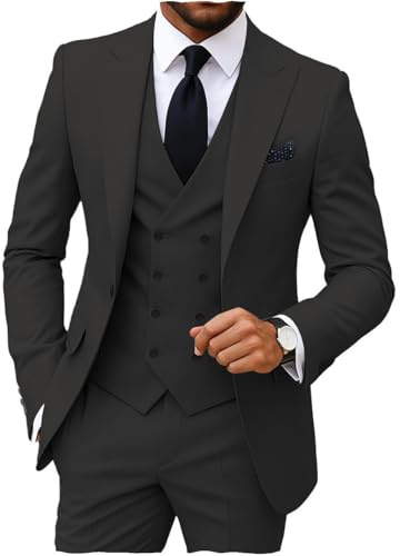 MoranX Men's Suits Regular Fit 3 Pieces Double Breasted Formal Business Tuxedos Blazer Vest Pants for Wedding Grooms(Black,Large)