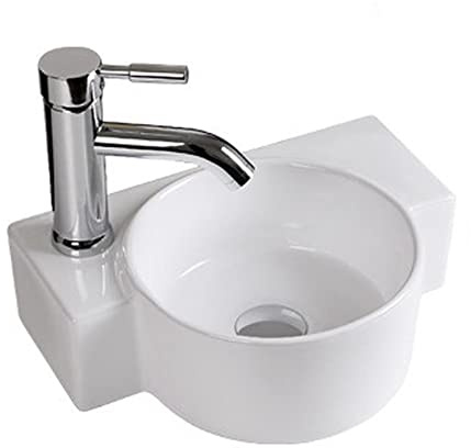 SnamicE Aufsatzwaschbecken fürs Badezimmer, Eckwaschbecken, Wandwaschbecken, modernes weißes Wandwaschbecken, kleines Gäste-WC-Waschbecken, Keramik, inklusive Wasserhahn und Abfl,