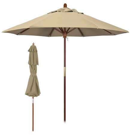 Generisch Faltbarer Holz-Terrassenschirm 210 cm, khakifarbener Outdoor Marktschirm mit 8 Speichen, UV Schutz UPF 50+ und wasserdicht, Sonnenschutz für Garten, Balkon, Pool(270cm/8.9ft)