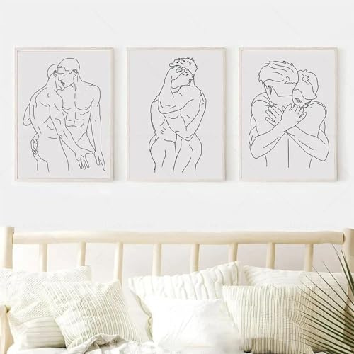 LTjiajuypd Gay Man Couple Hug Kiss Print Minimalistischer Wandkunstdruck Leinwandgemälde Poster für Wohnzimmer Moderne Wohnkultur 40x60cm-3Pcs Rahmenlos