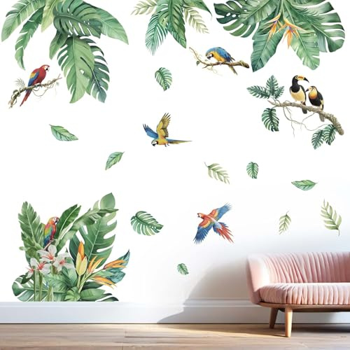 Tropical Leaves Wall Stickers for Women: Peel and Stick Green Plant Hanging Leaf Birds Wall Decals - Living Room Bedroom Nursery Home Vinyl Decor