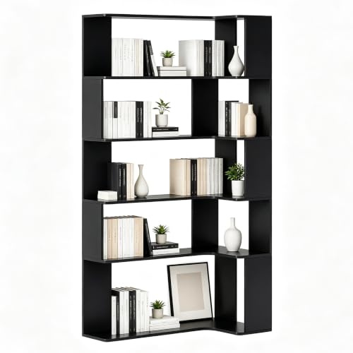 ChromaCasa 5-Tier Corner Bookcase, Tall L Shaped Corner Bookshelf with RGB LED Strip, Tall Bookshelves Open Storage Display Cabinets for Living Rooms Bedrooms Offices, Modern Black 90 x 48 x 169 cm