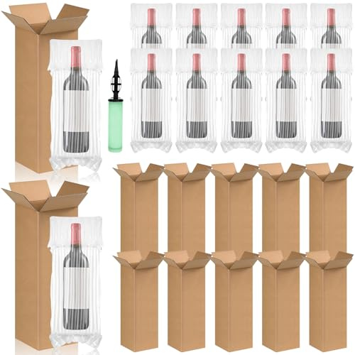 12 Sets Wine Bottle Shipping Boxes with Inflatable Air Cushion Bags & Pump, Heavy Duty Corrugated Cardboard Mailers for Moving, Parcel Post & Air Travel - Fits Standard Champagne & Wine Bottles