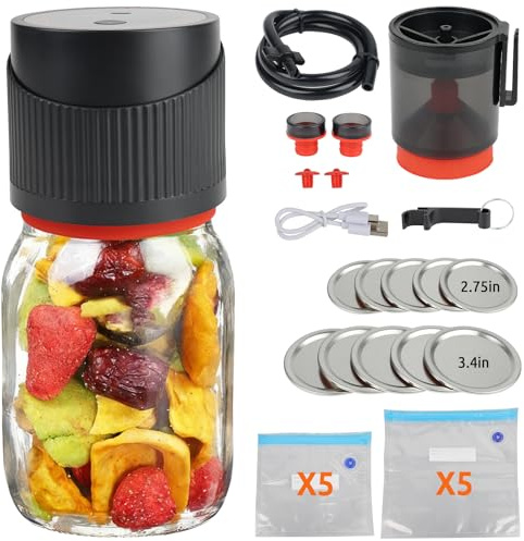 Elektrischer Vakuumierer für Gläser Set, 4-in-1 Mason Jar Vakuumiergerät | für Einmachgläser mit Automatik-Stopp & LED-Display, 1200mAh Akku, inkl. Verschlüsse, Beutel, Weinpumpen & Zubehör