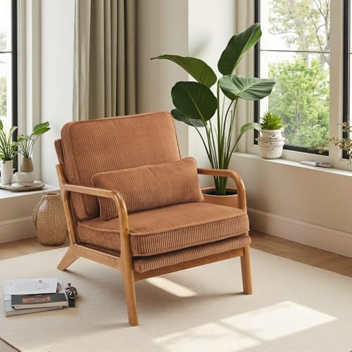 Bonnlo Accent Chair, Solid Wood Padding Lounge Armchairs, Corduroy, Brown | Occasional Reading Chair with Cushions and Lumbar Pillow, Comfy Armchairs for Living Room, Bedroom, Guest Room, Office