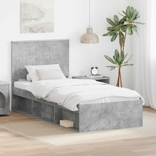kithwjll Bettrahmen 90x200 cm mit Kopfteil in Beton-Optik, aus massivem Kiefernholz und Holzwerkstoff, stabiles Einzelbett für Schlafzimmer und Gästezimmer