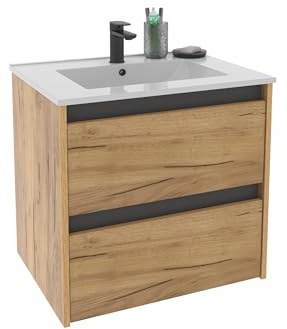 MUEBLES PITARCH Mueble de Baño 60cm Ancho, suspendido, 2 Cajones, Roble Kraft con un Toque Gris, para Lavabo encastrado, Estilo Moderno Modelo Nilo