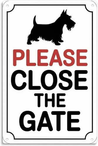Please Close The Gate Sign with Scottish Terrier Dog Vintage Metal Wall Art Rustic Decor for Garden Bar Garage 8 X 12