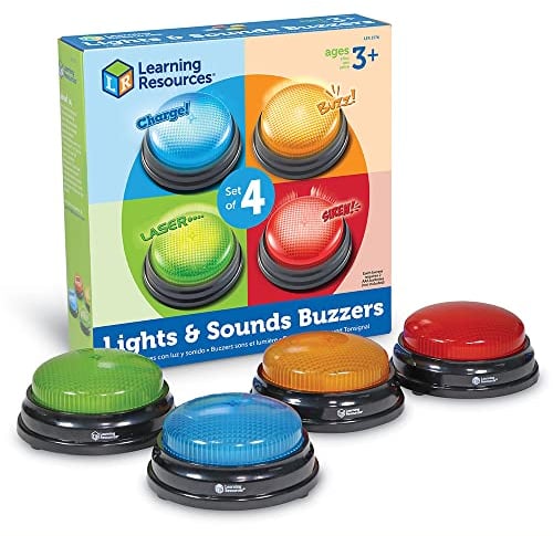 Learning Resources Timbres de Respuesta – Set de 4 pulsadores sonoros de Colores para concursos Familiares y Aula, Juguete Educativo a Partir de 3 años