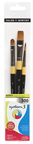 Daler-Rowney System3 Acrylic Brush, Synthetic Hair, Short Handle, Round, Short Flat and Filbert, , Wallet, Set 300, 3 Assorted brushes