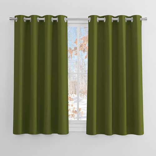PONY DANCE Bedroom Blackout Curtains - Thermal Insulated 54 Drop Kids Eyelet Window Curtain for Room Darkening Drapes Set for Kitchen, 2 Panels, 46 inch Wide x 54 inch Long, Olive Green