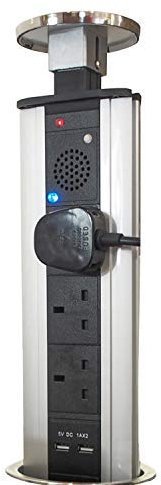 Pop-Up 3 Gang Mains Power Extension Tower | STAINLESS STEEL | 3W BLUETOOTH AUDIO SPEAKER & 3 Plug Sockets & 2x USB Charging Ports | Hidden Pull-Up Retractable Socket | Kitchen Worktop & Office Desk