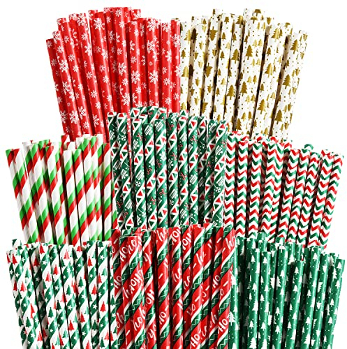 ALINK 200 Christmas Paper Straws, 8 Styles Red Green White Gold Biodegradable Party Drinking Straws with Stripe, Wave, Christmas Tree Snowflake Design Decorations Supplies