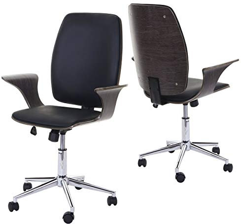 Chaise de Bureau HWC-C54, Bois courbé, Chaise pivotante, Similicuir - Design Bois de Noyer, Tissu Noir