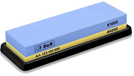 S&R Doppelseitiger Schleifstein 1000/6000 - Korund - Premium Wetzstein & Messerschärfer Set, rutschfester Silikon-Halter, Schleifhilfe, präzises Schärfen & Schleifen aller Klingen