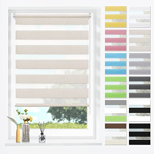 SBARTAR Doppelrollo Klemmfix ohne Bohren & mit Bohren Natur B90 x H120 cm (Stoffbreite 90 cm), Duo Rollo lichtdurchlässig Fensterrollo für innen verdunkelnd, ZeBrarollo für Fenster und Tür