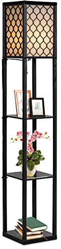 DREAMADE Lampadaire sur Pied en Bois avec 3 Etagères et Abat-jour en Tissu,Lampe sur Pied 160CM avec E27(Sans Ampoule) et Max 60W, Idéal pour Salon et Chambre, 26X26X160CM (Noir2)