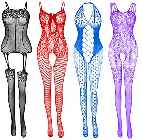 JDiction Fishnet Lingerie for Women Fishnet Bodysuit Lace Bodysuits Sexy Babydoll Nightwear (4 Pack)