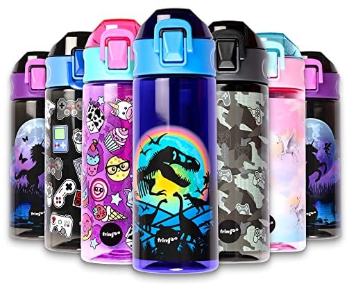fringoo - Lune des dinosaures - Bouteilles d'eau sans BPA - Bouteille d'eau à paille rose - Bouteille d'eau réutilisable - 600 ml / 20 Oz