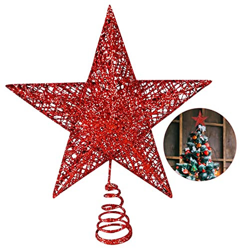 Weihnachtsbaum-Sternspitze, Metall, Weihnachtsbaumspitze, Stern, Weihnachtsdekoration, glitzernde Baumspitze, Feiertagsdekoration oder Heimdekoration (Rot, 20.3 cm)