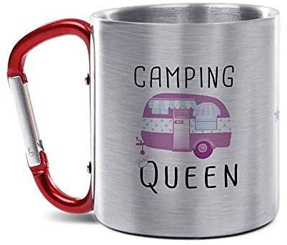Tassendruck Karabiner Edelstahltasse - Camping Queen - Geschenk für Camper, Campingtasse, Outdoortasse, Geburtstagsgeschenk, 280 ml