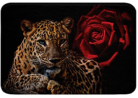 Loussiesd Rose Gepard Badezimmerteppich Leopard Drucken Absorbierend rutschfest Badematte 40x60cm Romantisch Rote Rose Blumen Weich Waschbar Badvorleger Küche 3D Tiermotiv Indoor Eingang Badteppiche