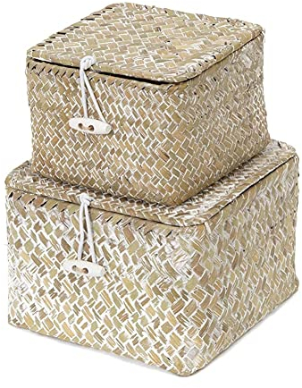 YSGLIFE Aufbewahrungskorb aus Seegras mit Deckel Set mit 2 Stapelbaren Körben Natürliches Gewebt Quadratische Körbe für Regale Organizer Boxen Aufbewahrung von Kosmetik Schmuck Nadelfäden